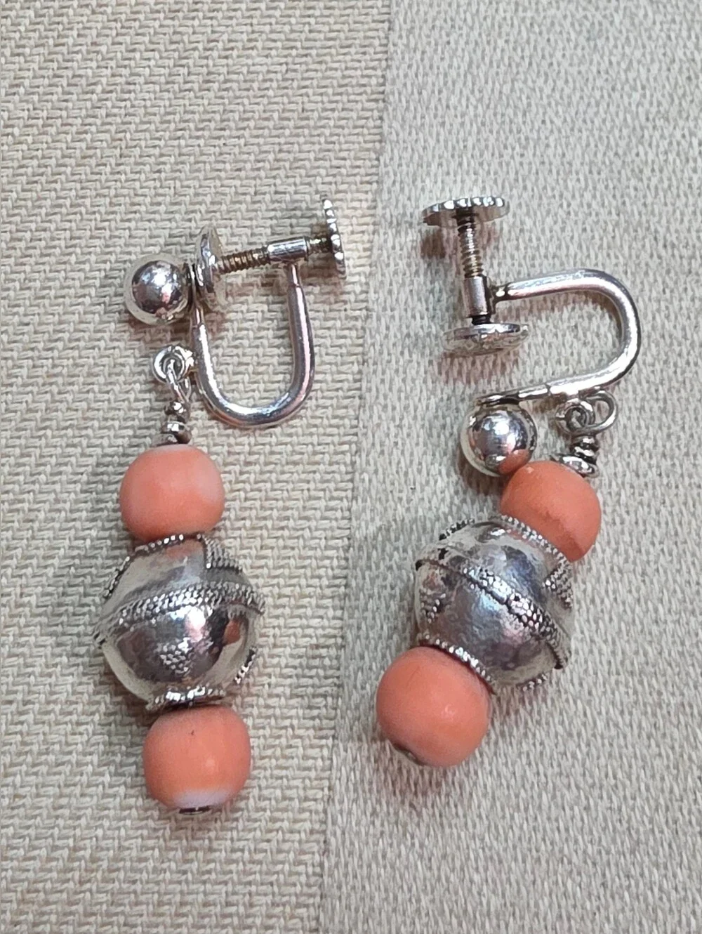 ANGEL SKIN, PINK, CORAL, STERLING SILVER 925 VINTAGE SCREW BACK EARRINGS